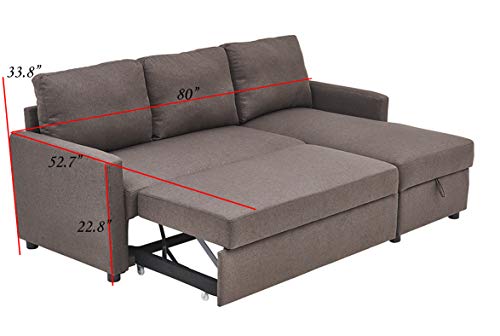Kingway Sectional Sofa Bed with Storage Convertible Chaise Sofabed, W83D53H36, Brown - Thumbnail 7