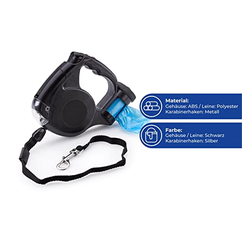 Hundeleine mit LED Licht Kotbeutelspender Beutelspender 5m Hunde Leine bis 25kg Rollleine Schwarz