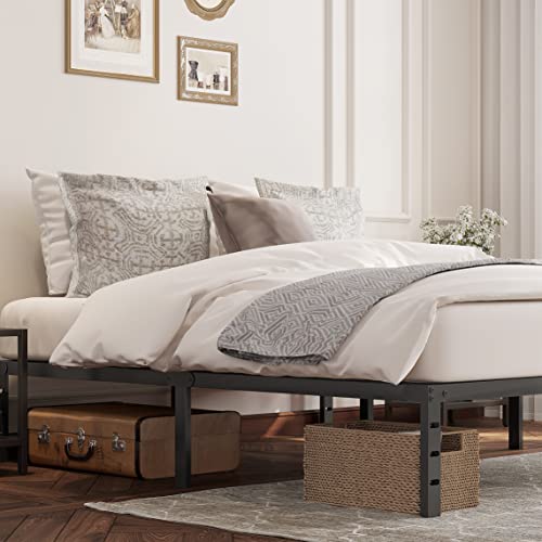 Zunatu 14 Inch Queen Metal Bed Frame Foundation No Box Spring Needed Heavy Duty Tall Platform With Large Storage Easy Assembly Mattress Noise Free, Black #TOP3