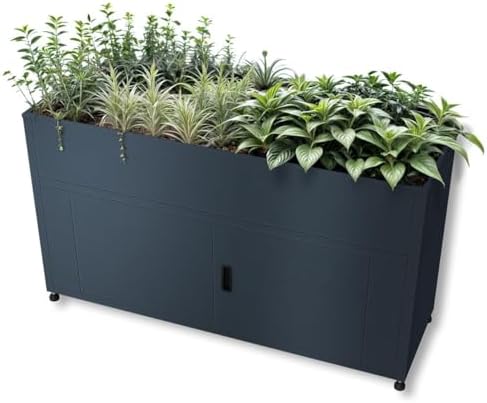 Metzler Hochbeet mit Stauraum Metall Anthrazit, mit Boden, 160x85x50 cm | pulverbeschichteter Stahl RAL 7016, wetterfest, mit Bodenplatte, Pflanzenbeet, Metall-Gartenbeet, Kräuterb