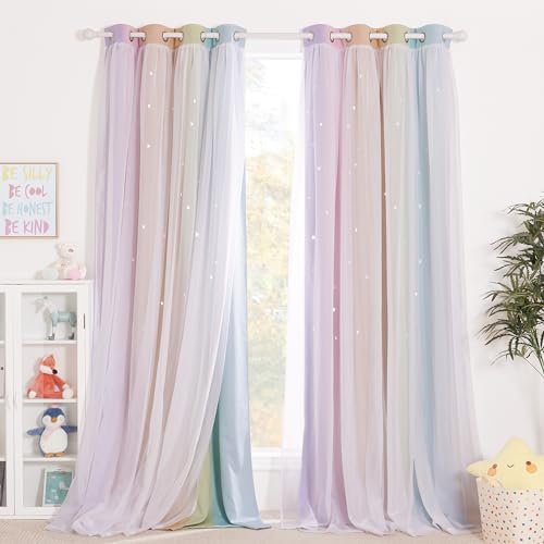NICETOWN Star Curtains for Girls Bedroom - Double Layer Sheer Overlay for Kids Room Decor Princess Star Hollow Out Rainbow Curtains for Nursery Living