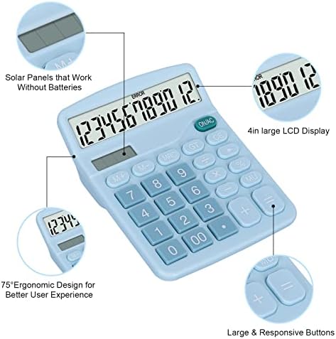 EooCoo Desk Calculator, 12-Digit Solar Battery Dual-Power Calculator with Large LCD Display, Big Buttons, Standard Function for Office, Home, School, Blue