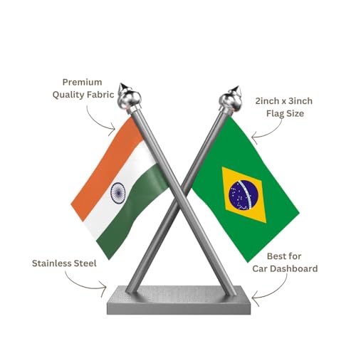 Image of The Flag Company Country Car Dashboard Flag 2x3 Inch Premium Flags with Stainless Steel Pole & Base | Compact Dual Display for Car Interiors & Desks (Brazil)