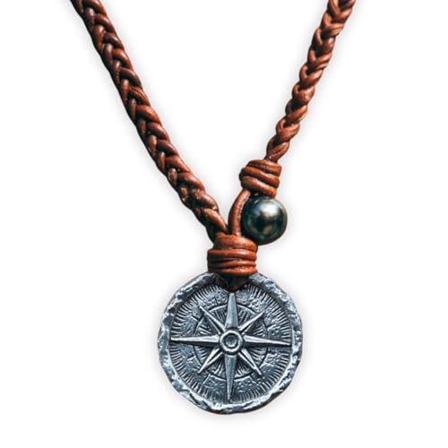 Columbus Coin Leather Cord Necklace for Men - 925 Sterling Silver Necklace Pendant with Premium Black Pearl, Adjustable Leather Cord - Handmade Necklaces - Jewelry Gifts by Royale Merchant