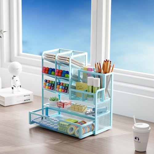 Marbrasse Mesh Pen Holder for Desk, Desk Organizer with Drawer, Multi-Functional Pencil Organizer, Desk Organizers and Accessories for Office Art Supplies (Blue)