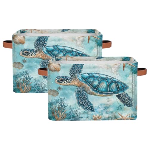 Image of Turquoise Turtle Storage Baskets for Organizing, Fabric Collapsible Storage Bins Box Ocean Seashell Decorative Toy Organizer Baskets for Closet Shelves Gift Basket 2Pcs