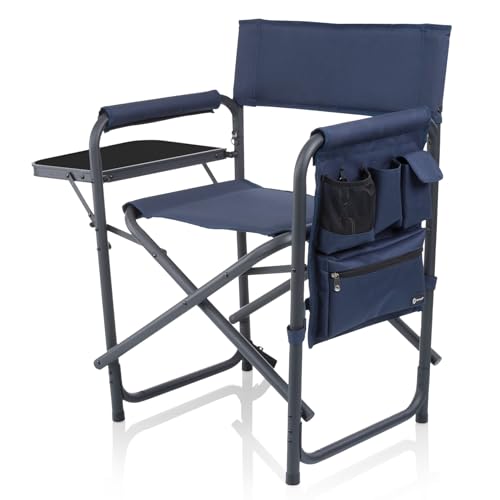 Image of Picnic TIME Sports Chair with Side Table and Armrest Caddy, Lightweight Aluminum Folding Outdoor Camping Chair for Adults, Portable Director Style Lawn Seating with Pockets & Carry Strap, (Navy Blue)
