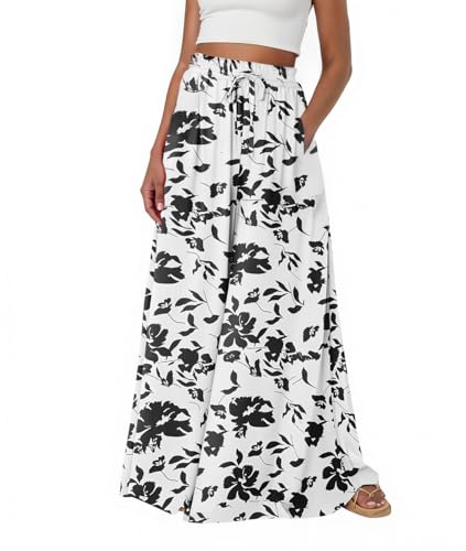 La mejor selección de Pantalones para Dama de esta semana. 49 VIOPY Pantalones Holgado para Mujer Pantalón Anchos Largo Dama Wide Leg Pants Cintura Elástica con Cordón para Vacaciones Casual Uso Diario (Floral Negro, G)