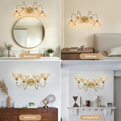 Image of Vintage Bathroom Vanity Light, 4-Light Brushed Gold Finish Wall Sconce with Hanging Crystal Accents and Flower-Shaped Amber Glass Shades, Retro Wall Mount Vanity Light Over Mirror for Bathroom