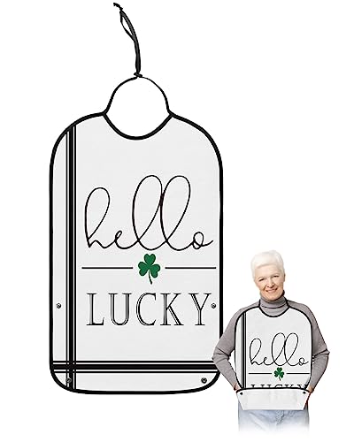St. Patrick's Day Adult Bibs for Eating, Waterproof Bibs with Food Catcher & Adjustable Snap Closure, Black Board Green Clover Hello Lucky White Clothing Protectors Adult Bibs for Elderly Women/Men