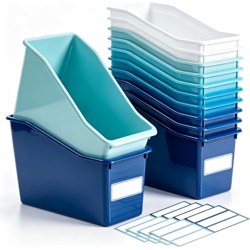 Geetery 12 Pcs Plastic Book Bins for Classroom, Blue Color Scheme