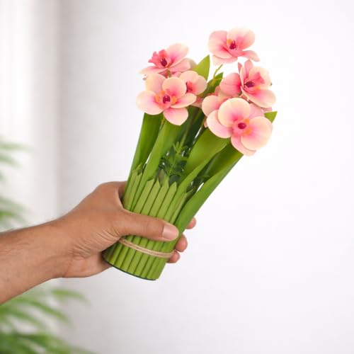 Image of CraftVatika Pink Orchid Artificial Flower Bouquet Decor, Realistic Orchid Flowers Bouquet Gift for Girls Faux Flowers for Table, Home Living Room Desk Decor, Wedding Anniversary Birthday