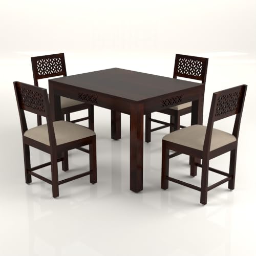 Image of Solid Sheesham Wood 4 Seater Large Dining Table Set with Cushioned Chairs for Dining Room | Living Room | Home & Office | Hotels Restaurant & Cafe (4 Seater Large, Walnut Finish)