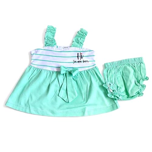 Image of Baby Girls Frock Dress with Bloomer Set | Short Sleeve Polka Dot Inner Layer & Bow Detail Special for 0-6 Months
