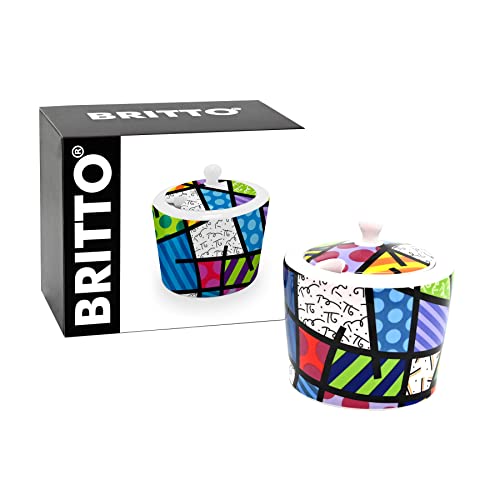 Britto Bone China Sugar Bowl with Lid, 10.4 oz, Colorful Landscape, Abstract Artwork Design - Coffee Bar Accessories, Seasoning Pot Box, Ceramic Salt Pepper Organizer, Farmhouse Kitchen Decor
