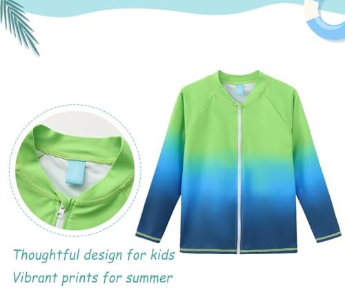 Qterdiz Boys Swim Shirts, Long Sleeve Rash Guard Swimsuits with Full Zipper Sun Protection Bathing Suit Quick Dry Swimwear for Kids Green Blue Gradient Size 8/7-8 Years - 2