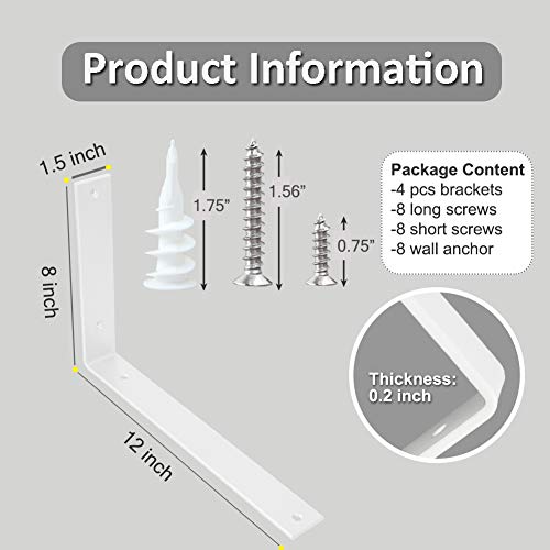 Shelf Brackets 12 Inch Wall L Brackets 4PCS Heavy Duty for Shelves Metal White Rustic Industrial Brackets for DIY Opening Shelves Project Hardware Included by WINKER - Image 2