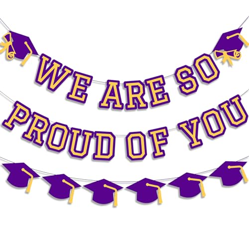 Image of We Are So Proud Of You Banner Graduation Party Decorations Congrats Grad Cap Garlands Wall Sign Purple Yellow