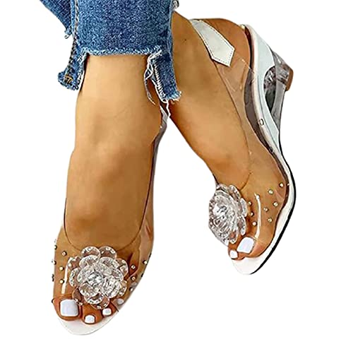 WODETIAN Sandalias Mujer Transparentes Bajas Cristales de Verano Hebilla de Tobillo Peep Toe Tacones Sandalia Cuña Plataforma Punta Abierta Flor Zapatos De Tacón Alto De Playa,Blanco,37 Cover