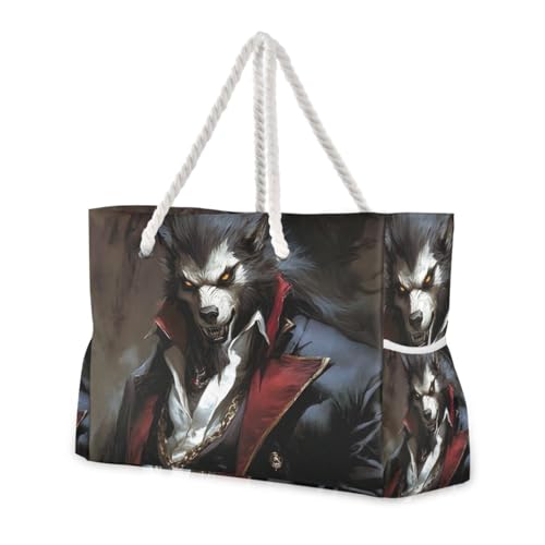 Scary Werewolf Gothic Beach Bag for Women Large Beach Tote Bag with Zipper for Travel Vacation2