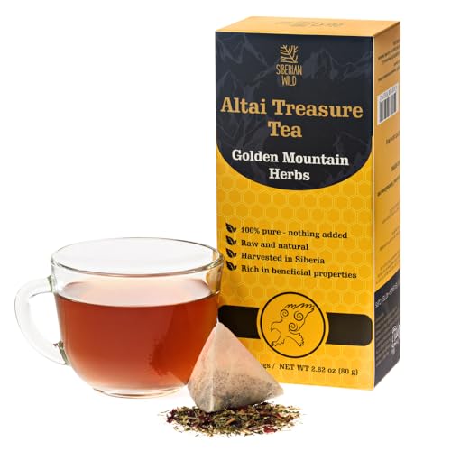 Siberian Wild Altai Golden Mountain Treasure Tea – 20 Natural Large Tea Bags – Mint, Chamomile, Hibiscus, St. John Wort, Lime flowers, Cornflower, and Calendula Flowers Green Tea