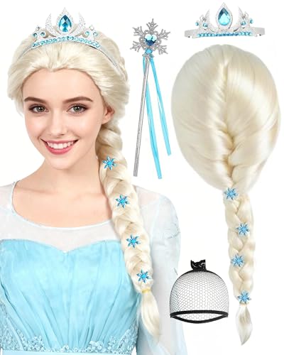 ANOGOL Hair Cap+ 3PCS(1 Crown+1 Wand) Princess Wig Cosplay Blonde Braided Wig Blond Princess Outfit Long Blonde Anime Wigs with Braids for Snow Movie Halloween Christmas Costume Birthday Party
