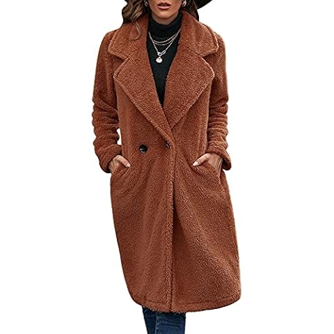 Zukmuk Women's Fuzzy Fleece Coat with Pockets Solid Color Long Sleeve Lapel Outerwear (Caramel, XL) Cover