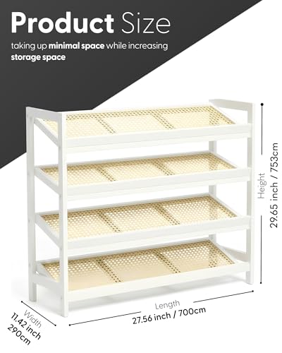 KEPLIN 4 Tier Bamboo and Rattan Shoe Organiser Rack – Eco-Friendly, Durable, Easy Assembly – Compact Design for Entryway, Closet, or Hallway – Stylish and Functional Storage – White and Natural - Image 2