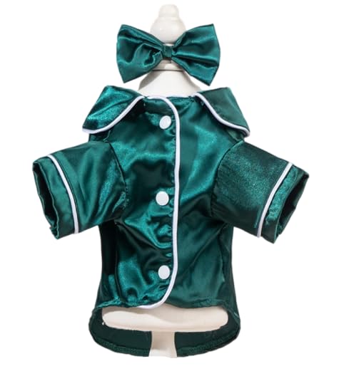 Dog Silk Pajamas, Christmas Lapel Pet Sleepwear Shirts Bulldog Chihuahua Yorkie Pjs,Comfortable Breathable Two-Legged Cat Costumes Dog Clothes (Green