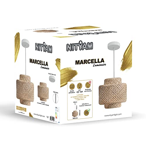 NITYAM Naturlig brun bambulampa, 150 cm kabel, taklampa för vardagsrum, sovrum, kök, MARCELLA-lampa, lampa, utan glödlampa
