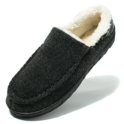 NewDenBer Memoria cálida de los hombres Espuma Mocassin Zapatillas Lana Fieltro Peluche Sherpa Forro interior y exterior Zapatillas interiores y exteriores (41 EU, Gris oscuro)