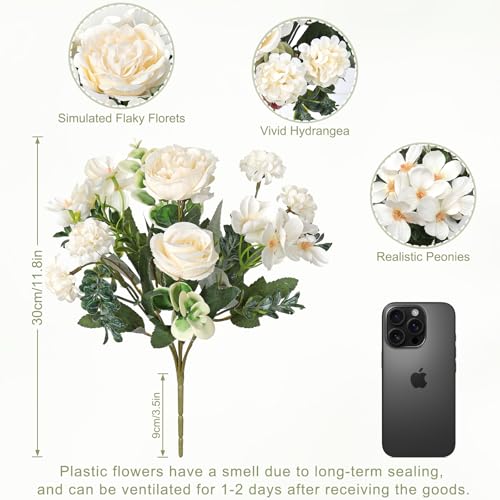 2 Bundles White Peonies Artificial Flowers Silk Flower Centerpieces for Tables Fake Flower Arrangements Bouquets Mixed Roses Hydrangea with Stems for Wedding Bridal Bouquets Home T image 5