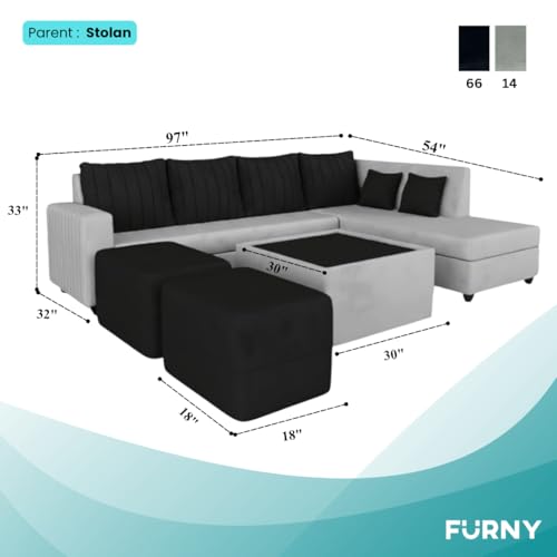 Image of CASASTYLE Stylano 8 Seater Fabric RHS L Shape Sofa Set with 1 Centre Table & 2 Ottoman (Black-Light Grey) 8-Person Seating with Premium Velvet Finish