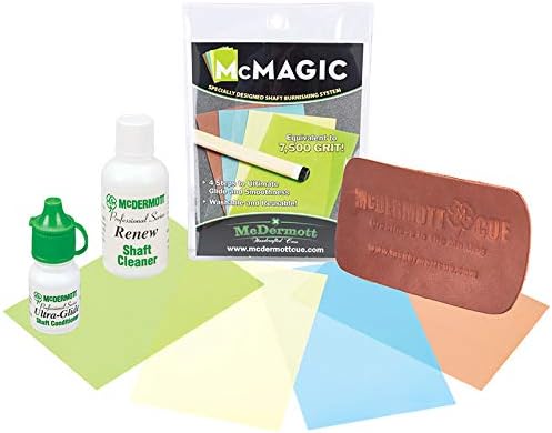 McDermott Billiards Pool Cue Shafts Maintenance Kit McMagic Micro Burnishing Papers + Ultra-Glide Shaft Conditioner + Renew Shaft Cleaner + Leather Pad Shaft Conditioner