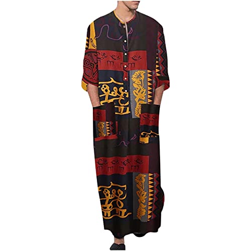 Ctreela Men's Striped Robe Button Up Long Sleeve Kaftan Thobe Splits Long Gown Casual Shirt Ramadan Mosque Madrasa Outfits