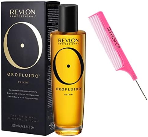 Sleekshop Comb + OROFLUlDO Elixir Hair Oil, The ORIGINAL Mindful Ritual by RevIon, NEWEST VERSION for 2023-2024, OrofIuido Shine Silkiness Hair Serum (w/ SLEEKSHOP Argan-Oil Infused PINK Rat Tail Steel Pin Comb) (3.38 oz / 100 ml (PACK OF 1))