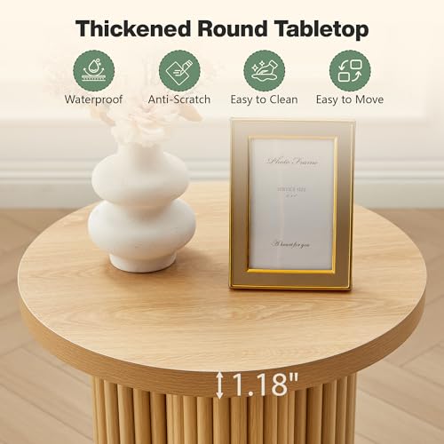 Image of Round Fluted End Table, 17.7'' Mid Century Modern Side Table, Circle Bedside Tables Drink Table Wood Nightstand for Small Spaces, Living Room (Natural-1PCS)