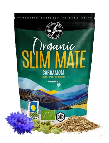 Slim Mate Cardamomo – Yerba Mate ECO Enriquecida con Pimienta Rosa, Canela, Ortiga, Jengibre, Diente de leon, Calendula, Naranja - Sabor menos Amargo - Te Drenante y Energizante, 100g - VITSTORM