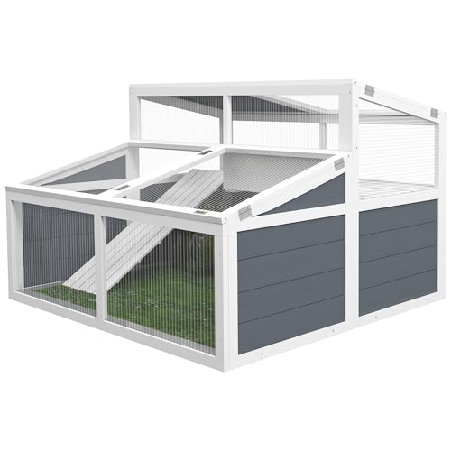 PawHut Maison enclos Cage pour Petit Animal Tortue avec Toit en Polycarbonate, 2 espaces, Rampe, 3 Portes, 115 x 115 x 82 cm - Gris