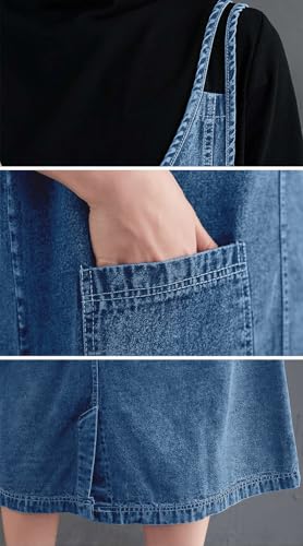 Image of ebossy Women's Sleeveless V Neck Denim Overall Jumper Dress Casual Loose Double Spaghetti Straps Midi Jean Dress