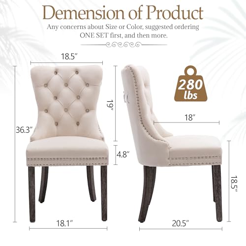 civama Velvet Dining Chairs Set of 6, Upholstered Tufted Dining Chairs with Nailhead Trim Back Pull Ring, Nikki Collection Elegant Armless Kitchen Chair with Solid Wood Legs, Beige