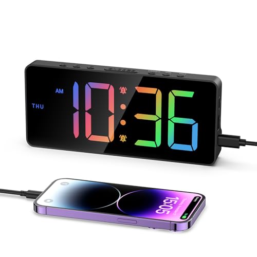 OQIMAX Colorful Digital Alarm Clock, Bedside Clock with 7”LED Display, 5 Levels Adjustable Brightness Alarm Clock with Date, 12/24H, USB/Battery Powered Desk Clock with 3-Levels Volume, 4 Alarm Modes