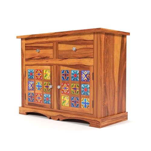 Image of Solid Wood 2 Drawer and 2 Door Chest of Drawer & Sideboard Storage Cabinet for Living Room Bedroom Kitchen Home (Adolph, Honey Finish)