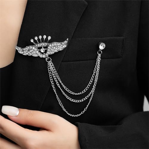 Image of coadipress Crown With Hanging Chain Brooch for Women Men Elegant Gentlemen Gold Silver Crystal Crown Lapel Pin Vintage Rhinestone Wedding Brooch Suit Shirt Pin Accessories