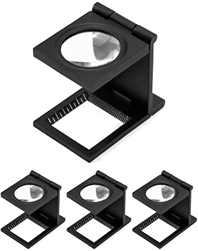 QWORK 4 Pcs Mini 10X Three-Folding Magnifier with Scale, Zinc Alloy Magnifying Glass for Textile, Jewelry, and Repair