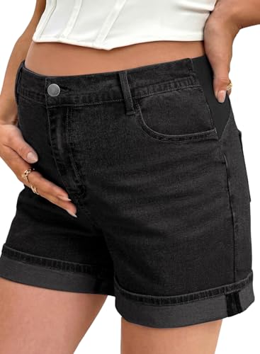 BLENCOT Women's Maternity Jean Shorts Under Belly Maternity Lounge Denim Pants Fold Hem Comfy Pregnancy Clothes with Pockets Black Large