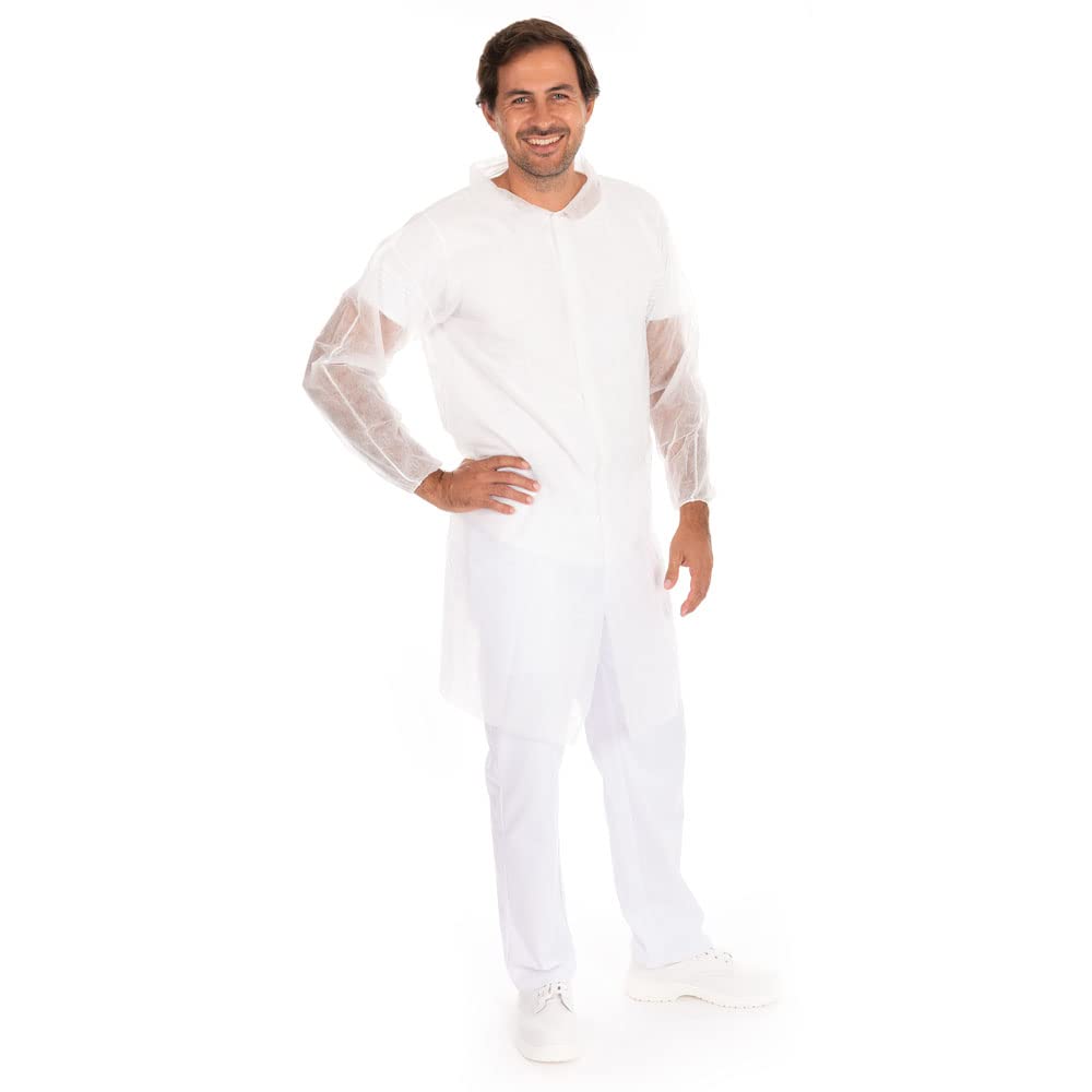 FRANZ MENSCH 100 Stück, Besucherkittel, Gr. XL, weiß, PP, Eco, Druckknöpfe | Eco, Einwegkittel, Vlieskittel, lebensmittelecht, mit Hemdkragen, visitor coat, Hygienebekleidung, Lebensmittelindustrie