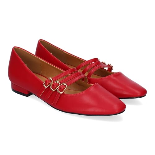 shoes&blues.es 85532 Zapato de Mujer Estilo Merceditas, Comodas y Elegantes con Hebillas Decorativa y Tacon Bajo, Diseno Sofisticado con Puntera Fina. Rojo Talla 38