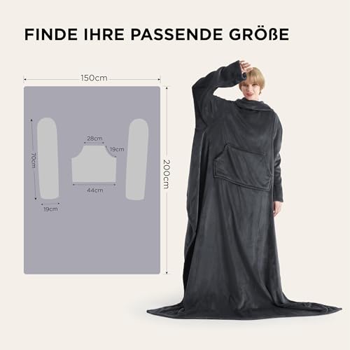 BEDSURE Decke mit Ärmeln Kuscheldecke - Weihnachten Geschenke für Männer, Warm Ärmeldecke & Sofadecke für Erwachsene, Flauschige Ganzkörperdecke zum anziehen, Tragbare Decke, 150x200cm, Anthrazit
