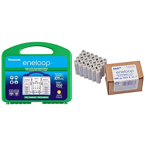 Panasonic K-KJ17MCC82A 4-Position Charger with 2 AAA & 8 AA eneloop Batteries & 2 C & 2 D Spacers & Panasonic BK-4MCA24/CA eneloop AAA 2100 Cycle Ni-MH Pre-Charged Rechargeable Batteries 24 Pack
